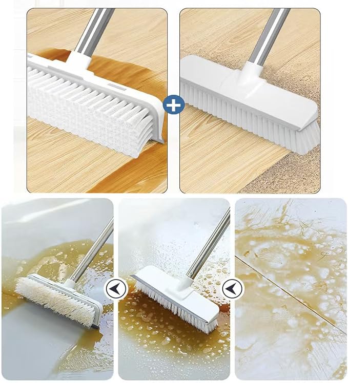 Floor Scrub Brush with Long Handle 2 in 1 Scrape Brush Stiff Bristle Floor Scrubber with Squeegee Cleans Kitchen, Wall, Tile, Grout, Tub for Cleaning Patio Bathroom Garage Wall Deck