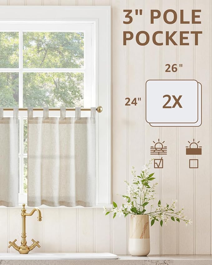 jinchan Linen Tier Curtains, Tab Top, 26x24, 2 Panels, Natural | Light filtering, linen blend, farmhouse style, rustic decor, cafe curtain, kitchen, bathroom, laundry room, RV, small windows