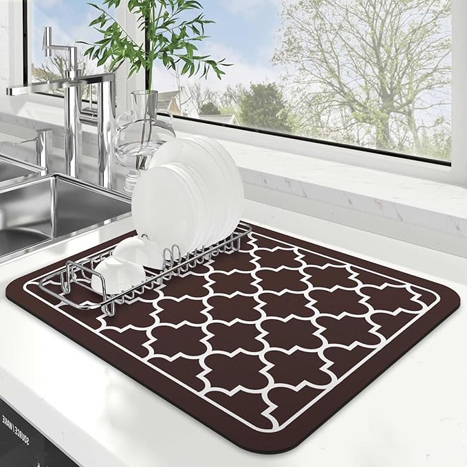 WISELIFE Dish Drying Mat Super Absorbent Drying Mat Large Dish Drying Mats for Kitchen Counter Easy Clean Dish Mat Kitchen Drying Mat15"x 18" Stylish Chocolate