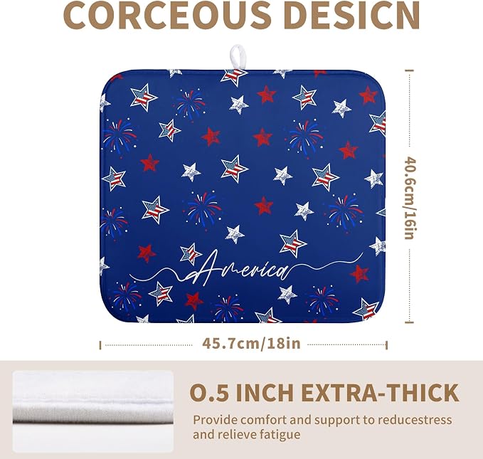 4th of July Dish Drying Mat America Stars Fireworks Blue Drying Mat 16x18 Inch Patriotic Memorial Independence Day Microfiber Absorbent Dish Drainer Rack Mats for Kitchen Counter