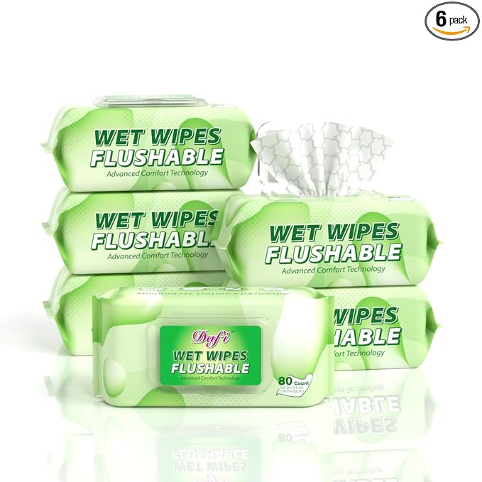DAFI Flushable Wipes for Adult Wet Wipes, Total 480 Unscented Toilet Wipes Flushable, No Alcohol & 100% Plant Based Fibers, Septic and Sewer Safe Pack of 6