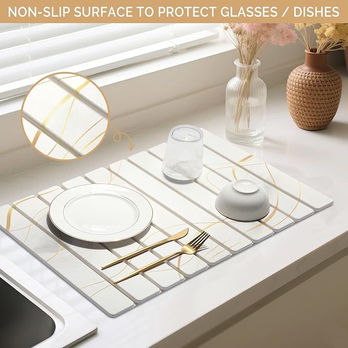 Large Stone Drying Mat for Kitchen Counter&Bathroom, Quick Dry Stone Dishes/Bathroom Mat, Foldable Drying Organizer Pad Suitable for Plate Rack Utensils, Apartment Essentials Decor(White Gold 24"×16")