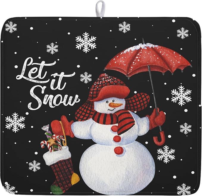 Winter Snowman Dish Drying Mat, Christmas Snow Dish Drying Mat for Kitchen Counter, Christma Cute Snowman Absorbent Fast Dry Dish Drainer Mat Protector Xmas Microfiber Dish Drying Pad 16x18 Inch