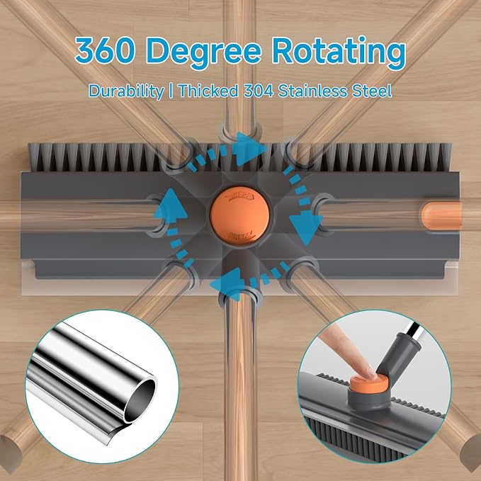 Pool Scrub Brush with 52" Pole, 3 in 1 Pool Cleaning Brush with Squeegee, Floor Scrub Brush with Long Handle, Deck Brush for Swimming Pool Tile Wall Patio Concrete Gray