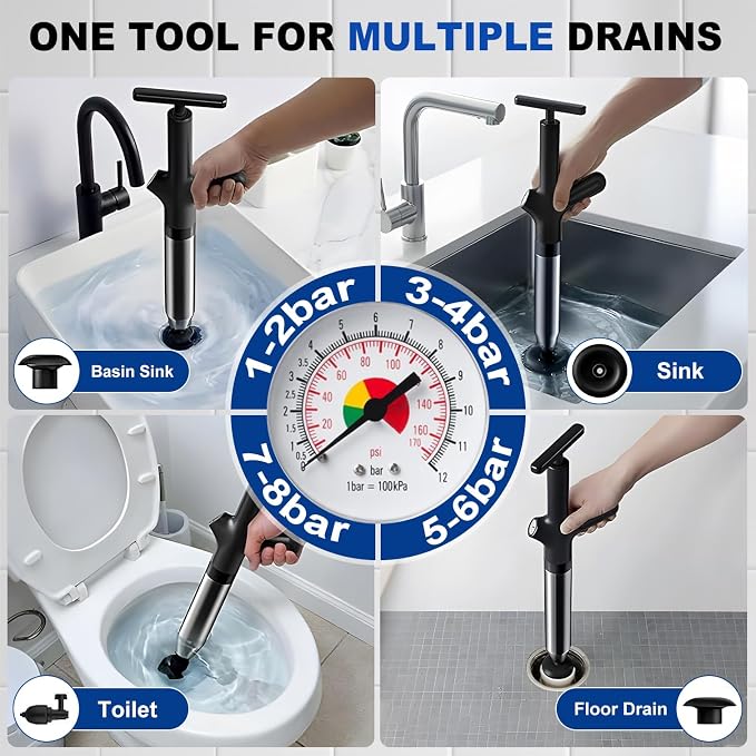 Toilet Plunger, High Pressure Toilet Plunger, Toilet Unclogger Tool for Drain Clog, Heavy Duty Plunger with Gauge, 4 Heads for Bathroom, Sink, Shower