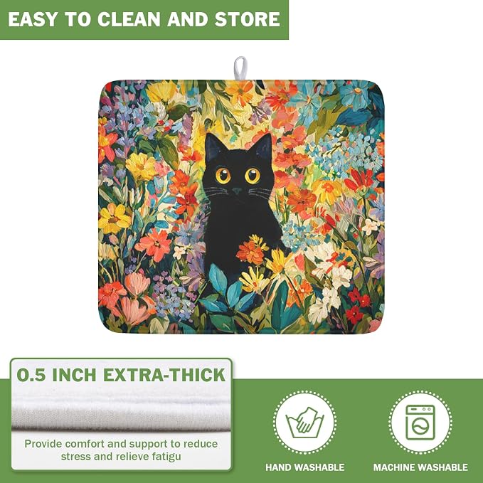 Spring Summer Floral Cat Dish Drying Mat for Kitchen Counter Abstract Oil Painting Wildflower Microfiber Dish Drainer Mat Rustic Absorbent Washable Drying Pad 16"x18"