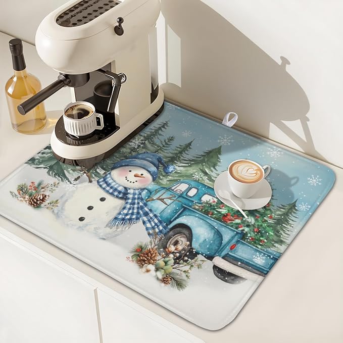 Giwawa Winter Snowman Blue Dish Drying Mat Xmas Truck Dishes Pad 16"x18" Microfiber Absorbent Drainer Rack Mats Protector for Kitchen Counter Sink