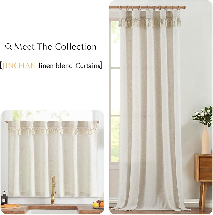 jinchan Tassel Linen Tier Curtain, Back Tab, 50x36, 1 Panel, Natural | Light filtering, rod pocket, cafe curtains, machine washable, small window treatment, boho style, kitchen, laundry room