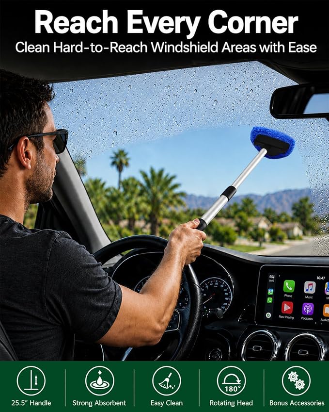 25.5" Extra-Long Reach – Super Absorbent Coral Velvet Windshield Cleaner Tool, Streak-Free Windshield Cleaning Tool Kit with 5 Pads, 2 Spray Bottles & Storage Bag for Auto Glass & Home Windows, Blue