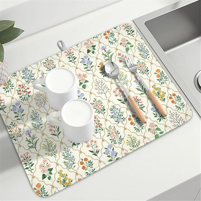 Floral Dish Drying Mat for Kitchen Counter Spring Summer Wild Flowers Diamond Pattern Microfiber Dish Drainer Mat Rustic Absorbent Washable Drying Pad Extra Large 18"x24"