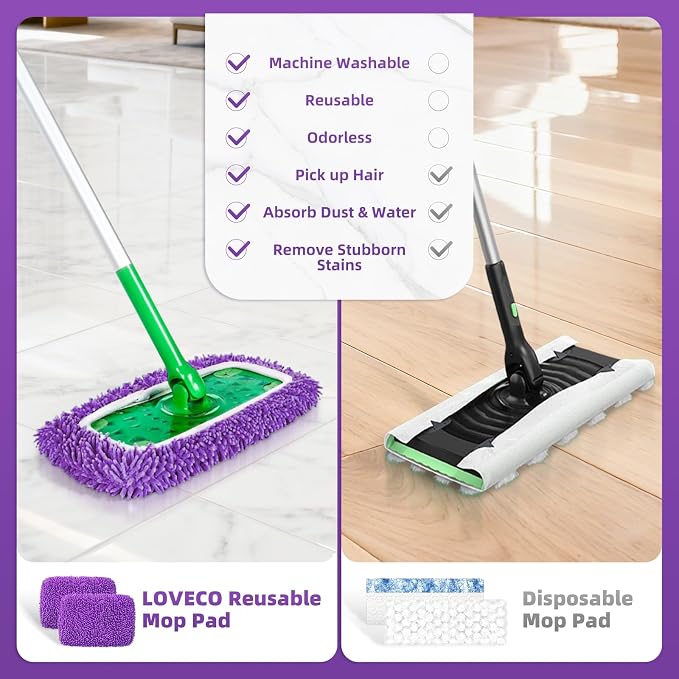 Reusable Mop Pads Compatible with Swiffer Sweeper Mop - Microfiber Dry Sweeping Cloths & Washable Wet Pads Refill Chenille Wet Mopping Cloths for Use on All Sealed Floors Cleaning(Mop is not Included)