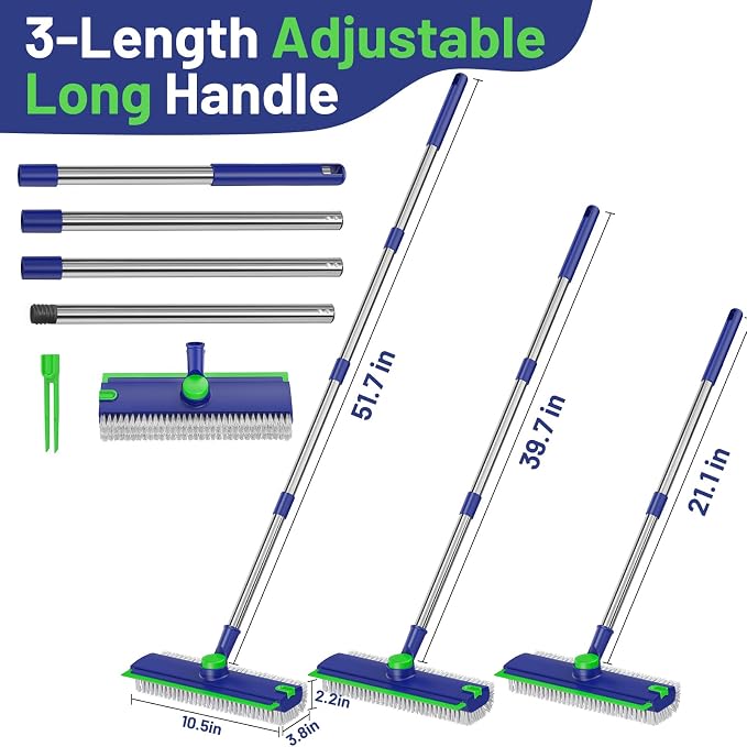 3 in 1 Floor Scrub Brush with Long Handle & Squeegee | Heavy-Duty, Adjustable, 360° Rotating Head for Cleaning Tile Bathroom Deck Kitchen Patio, Blue