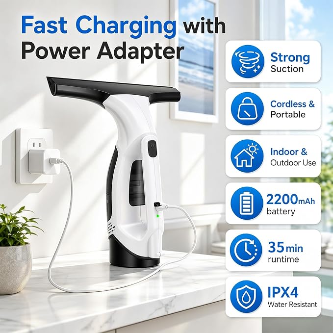 Window Vacuum Squeegee Cordless, 2000Pa Electric Window Cleaner Tool, 150ml Tank, 2200mAh Electric Window Glass Squeegee 280mm Wide Blade, 150ml Tank, Window Cleaning Kit for Glass Mirror Tile Car