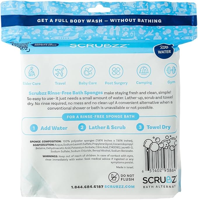 Scrubzz Disposable Rinse Free Bathing Wipes - 25 Pack - All-in-1 Single Use Shower Wipes, Simply Dampen, Lather, and Dry Without Shampoo or Rinsing