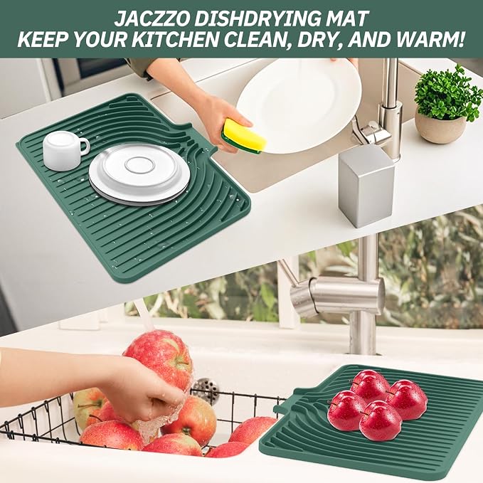 Dish Drying Mat for Kitchen Counter, with Built-in Drain Lip, Food-Grade Silicone, Easy Clean Pad for Countertop Protection, Multi-Functional Use (18x11.8, Dark Green)