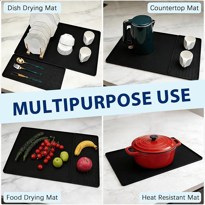 Silicone Coffee Mat 24" x 16", Heat Resistant Non Slip Leak Proof with Concave Convex Design & Detachable Drying Layer, Coffee Bar Mat for Espresso Machine, Coffee Maker Countertops (Black)