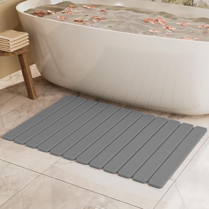 Large Stone Bath Mat 31.5 x 19.7in, Quick Dry Diatomaceous Earth Mats for Bathroom, Super Absorbent Foldable Bath Stone Mat, Non Slip, Dish Drying Mat for Kitchen Counter,Dark Gray