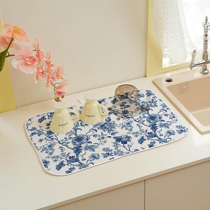 Blue Floral Dish Drying Mat 18 x 24 Inch Vintage Navy Blue Floral Drying Mat for Kitchen Counter Absorbent Spring Summer Flower Dishes Dry Pad for Drainer Rack Kitchen Fast Dry