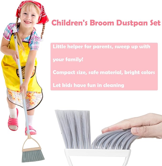 Mini Broom with Dustpan for Kids,Little Housekeeping Helper Set (White+Sky Blue)