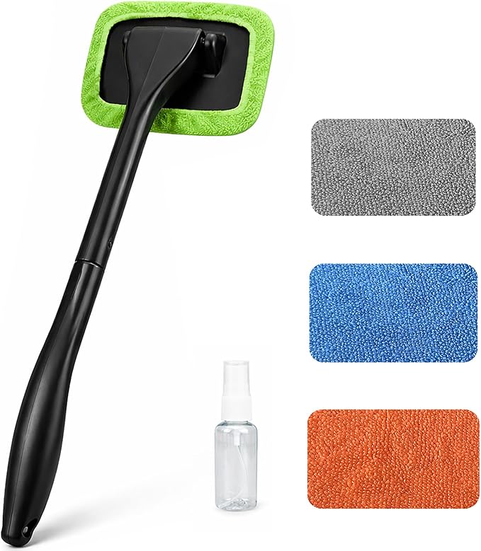 Car Windshield Cleaner Tool, Inside Windshield Cleaning Tool | with 4 Washable and Reusable Microfiber Pads, Auto Wiper Inside Compact Windshield Brush for Car & Home Windows