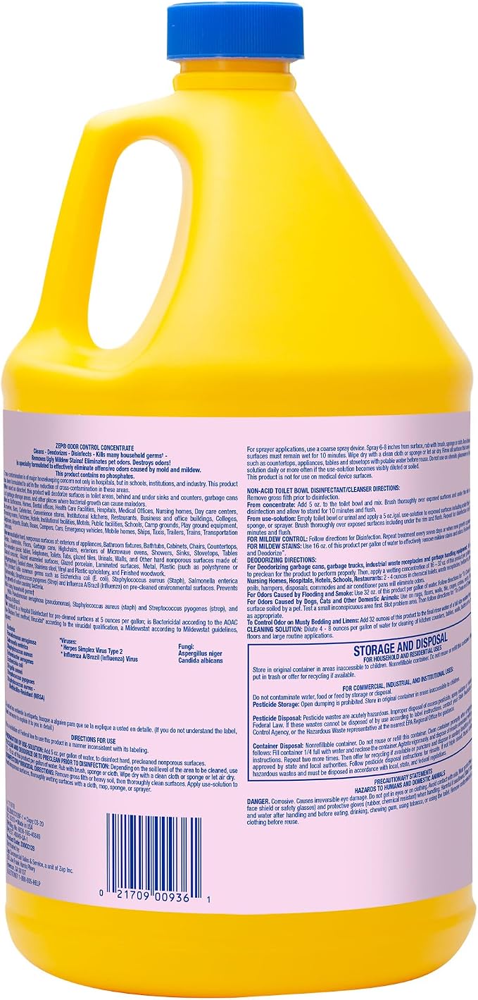 Zep Odor Control Concentrate - 1 Gallon (Case of 2) ECZUOCC1282 - Cleans, Deodorizes & Disinfects Many Household Germs, Removes Mildew Stains, Destroys Odors