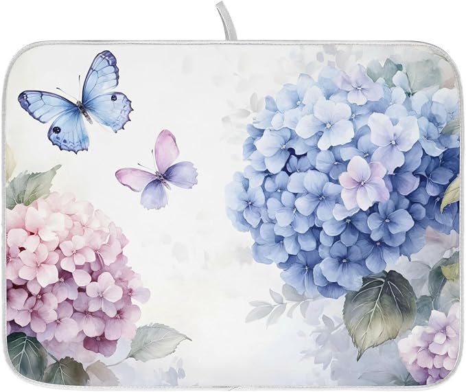 Blue Pink Hydrangea Spring Floral Dish Drying Mat for Kitchen Counter Absorbent Microfiber Small Drying Pad Dish Mats for Kitchen Countertops 16 x 18 Inch