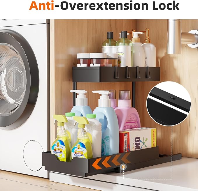 Simple Trending Under Sink Organizer 2 Pack, 2 Tier Cabinet Organizer with Sliding Basket, Multi-Purpose Sink Storage Basket with 4 Hooks for Kitchen Bathroom, Black