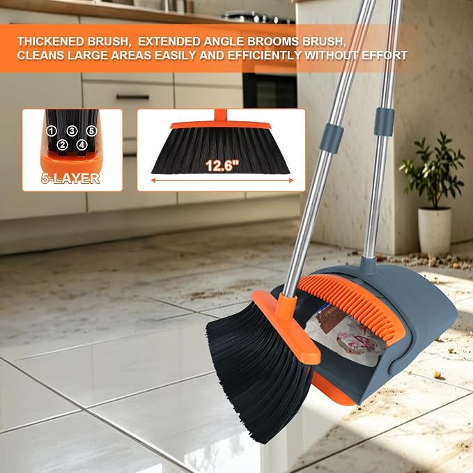 Broom and Dustpan Combo Set, 51" Long Handle Broom with Mini Set | Mini Set for Tables, Kitchens & Tight Spaces, Built-in Comb Dustpan, Foldable Space-Saving Storage, Multi-Surface Use