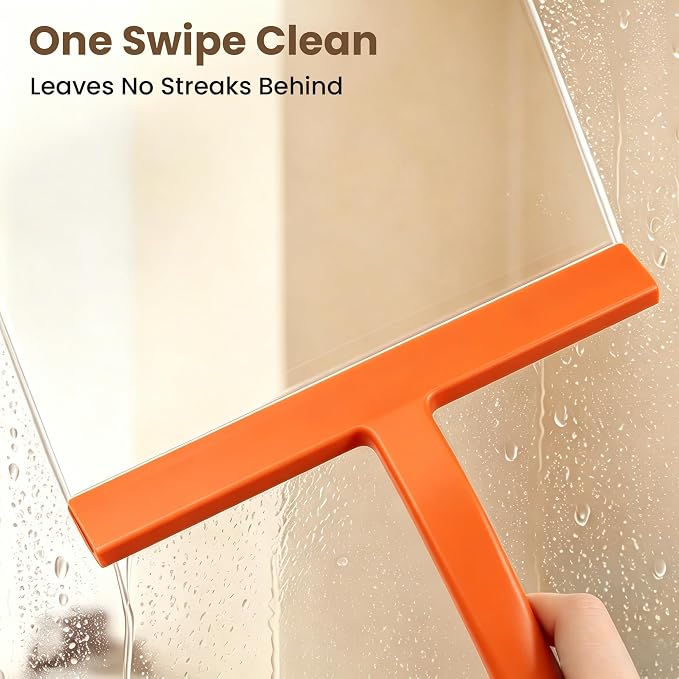 10 Inch Silicone Shower Squeegee for Glass Doors, Streak-Free, Orange | No-Squeak Silicone Blade, Ergonomic Round Grip and Built-In Hook for Quick Daily Cleaning of Shower Glass, Tile and Windows