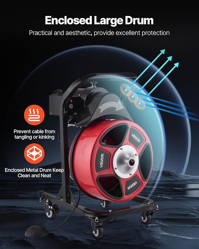 VEVOR Drain Cleaner Machine 50 FT x 1/2 Inch, Manual Feed Sewer Snake Auger on Wheels - with 4 Cutters & Air-activated Foot Switch for 2" to 6" Pipes