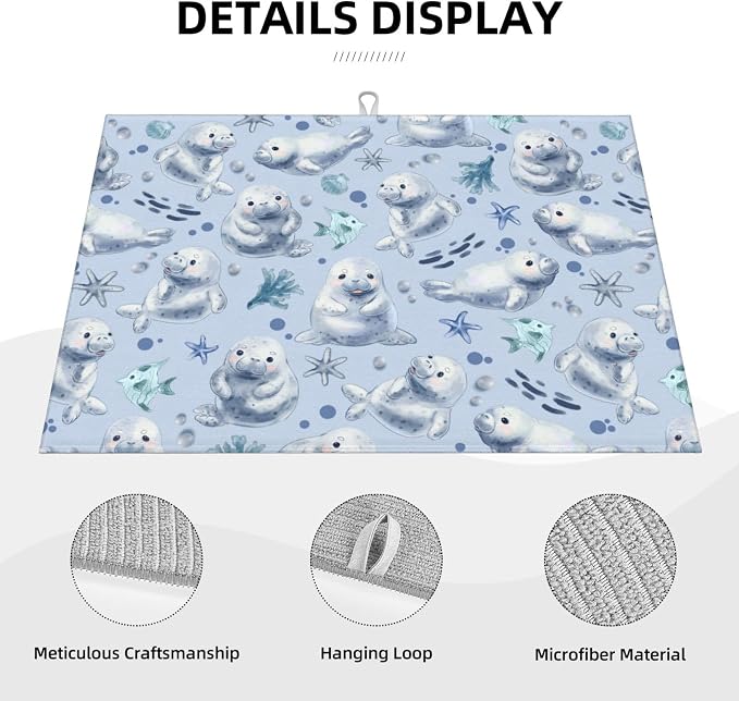 Manatees Dish Drying Mat for Kitchen Counter Cute Kitchen Mat Microfiber Kitchen Countertop Absorbent Reversible Drainer Rack Pad Dish Drying Mat 18 x 24 Inch
