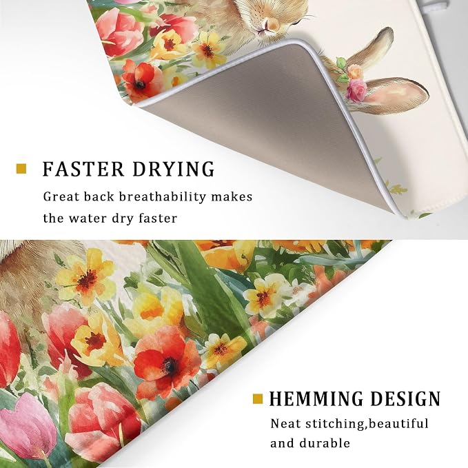 Easter Bunny Dish Drying Mat 18x24 inch Spring Floral Drying Pad Holiday Absorbent Microfiber Dishes Drainer Protector for Kitchen Counter