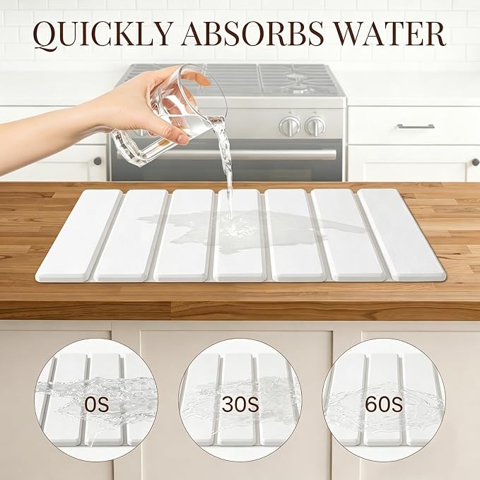 Large Stone Dish Drying Mats for Kitchen Counter 16"(L)×12"(W) Foldable Quick Dry Stone Dish Drying Mats Kitchen Absorbent Diatomaceous Earth Drying Stone Mat for Dishes Bottles Cups White