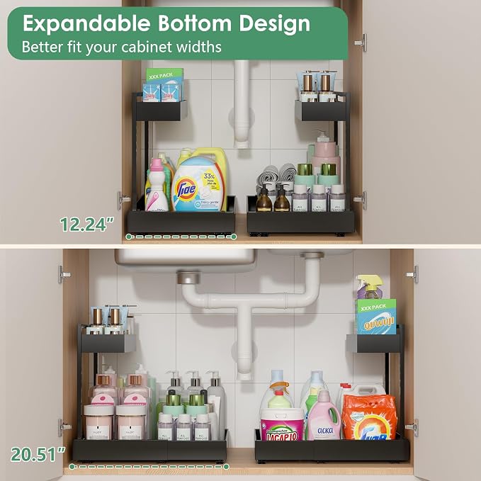 REALINN Under Sink Organizer, L-Shaped Pull Out Cabinet Rack for Kitchen | Expandable Width, 6-Level Height, Built For Bathrooms And Laundry Rooms, Quiet Sliding Rails, Duty Alloy Steel Frame,2 Pack