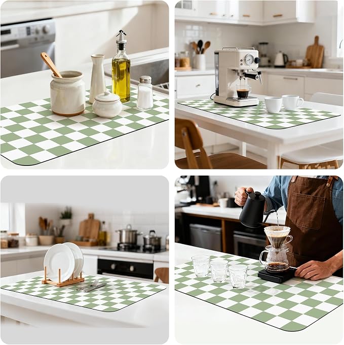 Checkered Dish Mat for Kitchen Coffee Station, 17" x 32" Sage | Quick Drying & Absorbent Mat for Coffee Bar Espresso Machine Countertops Accessories