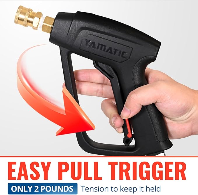 YAMATIC Short Pressure Washer Gun with Stainless Steel 3/8" QC 4000 PSI | 360° Swivel with Easy Pull Trigger 5 Nozzle Tips 1/4" Outlet Replacement for Ryobi Simpson Craftsman Greenworks Troy Bilt