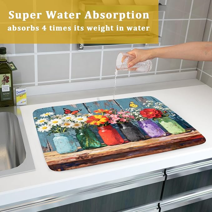 Floral Dish Drying Mat for Kitchen Counter 18x24, Spring Summer Farmhouse Decorative Absorbent Reversible Microfiber Kitchen Countertop Protector Dishes Drainer Pad