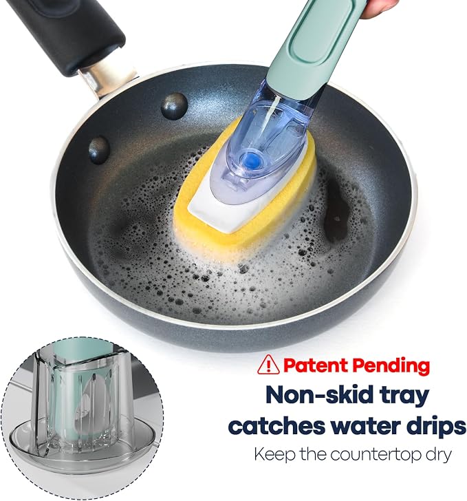 RIMAY Dish Brush Set with Soap Dispenser, 2 Refills and Storage Holder | Soap Dispensing Dish Brush dish scrubber with handle for Cleaning Dishes, Pans, Sink, Pots, Blue