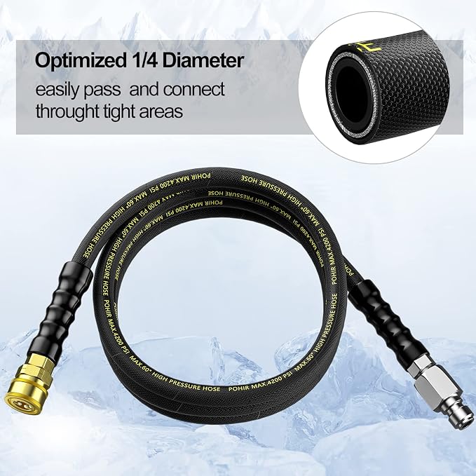 Pressure Washer Whip Hose 10 FT, 4200PSI Replacement Hose Reel Connector | POHIR Short Power Washing Hose with 3/8'' Quick Connect, Steel Wire Braid Jumper Hose Anti Kink