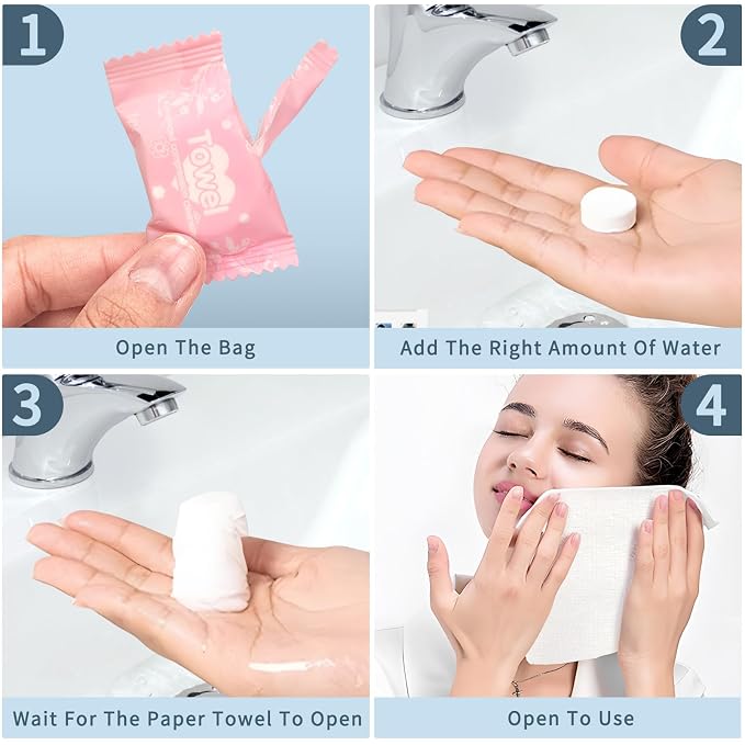 Classycoo Compressed Towel 100 PCS Tablets - Thick, Individually Wrapped Portable Disposable Face Towel Cotton Coin Cloth for Travel, Camping, Hiking, Beauty, Cloths(Soft, Odorless, 9.64 x 7 IN)