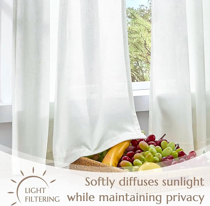 jinchan Linen Tier Kitchen Curtains, 30x36, 2 Panels, Beige White | Light filtering, rod pocket, farmhouse, small window decor, cafe style, machine washable, bathroom, laundry room, RV