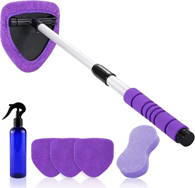 XINDELL Interior Windshield Cleaner Tool, 24" Long Reach Car Glass Cleaner with Microfiber Pads, Extendable Handle for SUV Truck Slanted Windshield & Hard-to-Reach Areas