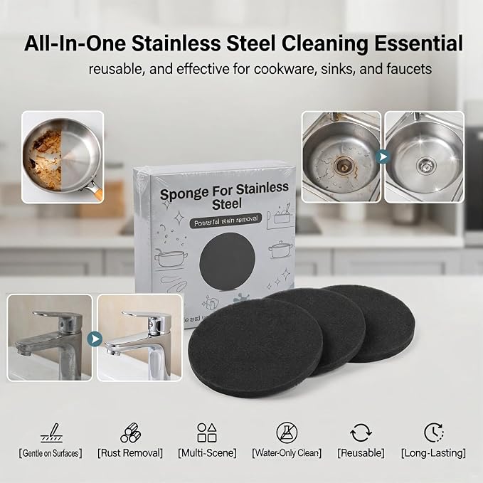 Stainless Steel Sponge 3-Pack, Scratch-Free Metal Sponge for Stainless Steel Pans Cookware Sinks, Heavy Duty Removes Burnt-On Stains Baked Grease, Flexible Reusable Kitchen Cleaning Sponge
