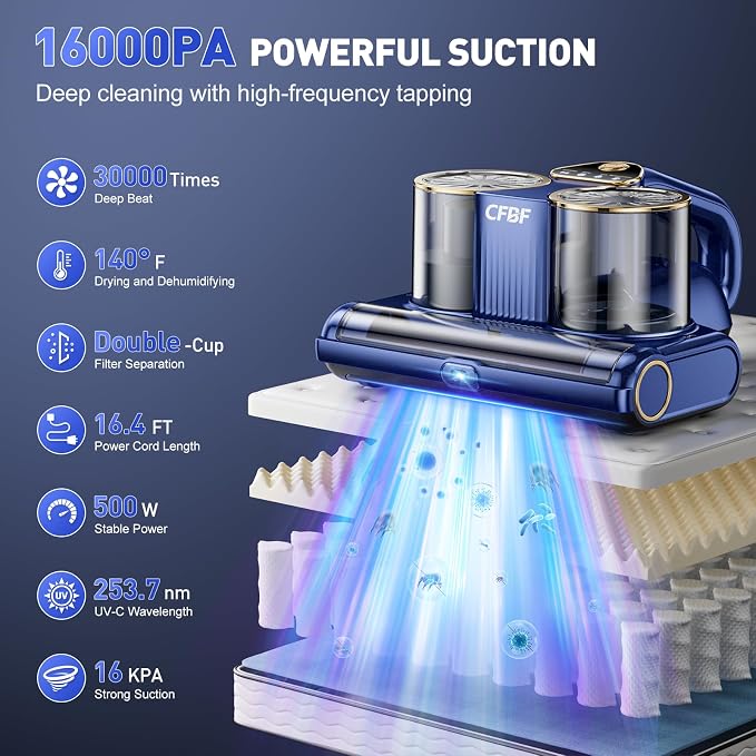 CFBF Mattress Bed Vacuum Cleaner with 16Kpa Suction & 253.7nm UV-C Light | Ultrasonic & High Heating, 500W Powerful Double-Cup Handheld Vacuums for Bed, Sofa, Couch, Crib, 16.4FT Corded