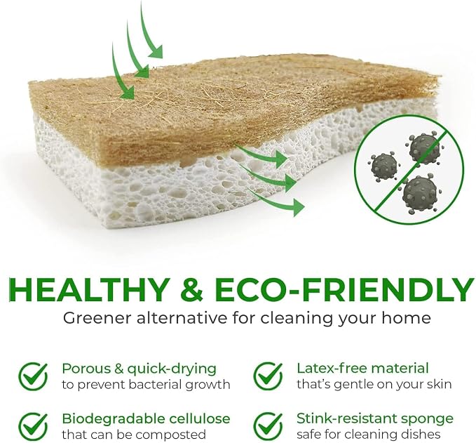 AIRNEX Natural Kitchen Sponges (24 Pack) - Biodegradable Cellulose & Coconut Scrubber Dish Sponges for Kitchen - Eco-Friendly, Non Scratch, Compostable, Non Toxic S-Shaped Natural Sponges for Dishes