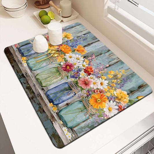 MCALK Floral Vases Dish Drying Mat for Kitchen Counter, Spring Wooden Dish Drying Pad with Anti-Slip Rubber Base, Absorbent Kitchen Sink Mat with Farmhouse Decor (1 pc 18" x 16")