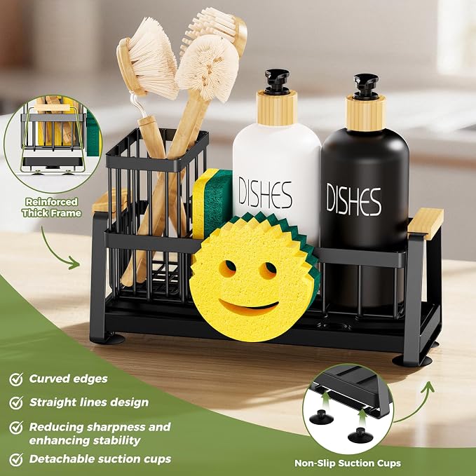 Sponge Holder for Kitchen Sink, Sink Caddy Organizer with Dish Brush Holder, Sink Organizer Rack with Suction Cups, Smiley Face Sponge Caddy Self Drain for Soap Dispenser Storage Accessories