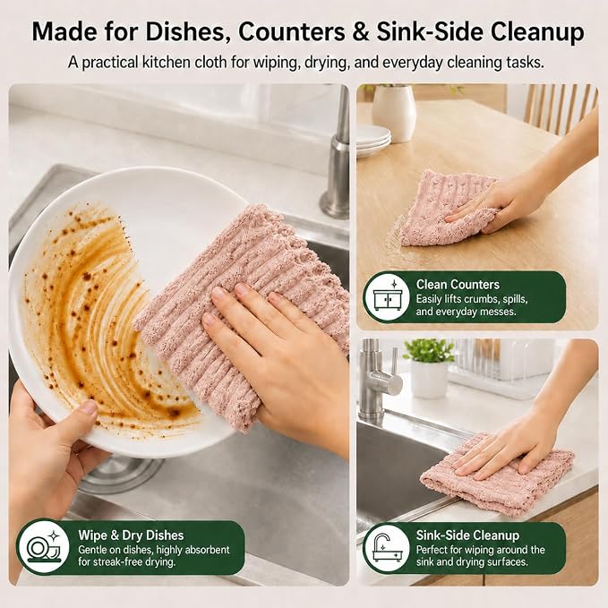 kimteny Microfiber Dish Cloths for Kitchen, 24 Pack 12 x 12 Inch Coral Velvet Kitchen Cleaning Cloths, Absorbent Reusable Non-Scratch Dish Rags for Dishes, Countertops & Sink
