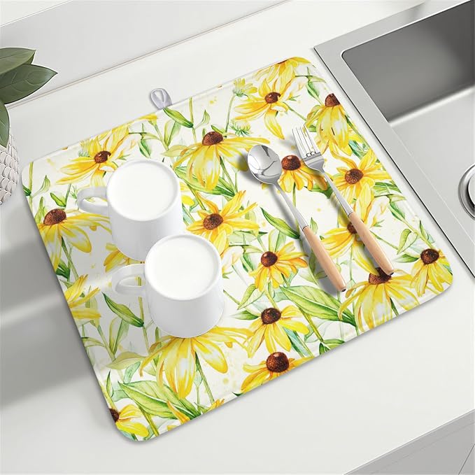 Yellow Sunflower Dish Drying Mat for Kitchen Counter 16x18 Inch | Floral，Polyester，Absorbent Microfiber，for Coffee Dining Bar Decor
