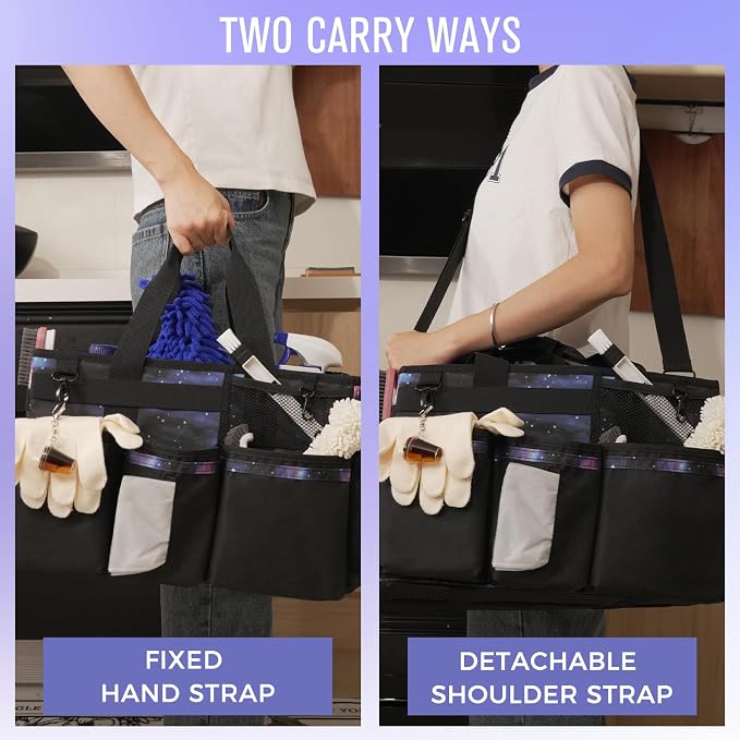 SCAVATA Wearable Cleaning Caddy, Cleaning Caddy Supplies Organizer with Handle & Shoulder Straps for Housekeepers, Under Sink & Car Cleaning Tool Organizers Bag with 4 Foldable Divider (StarrySky)